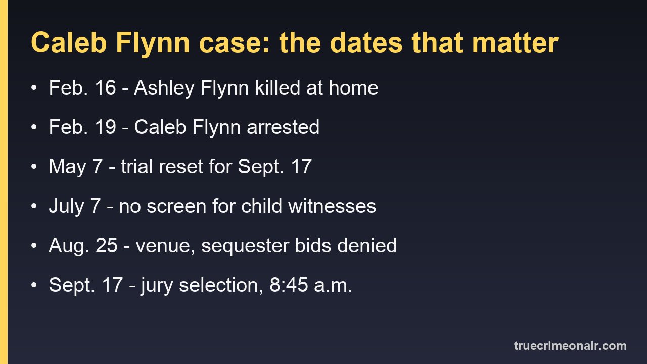 Timeline card of the Caleb Flynn case from February to September 2026