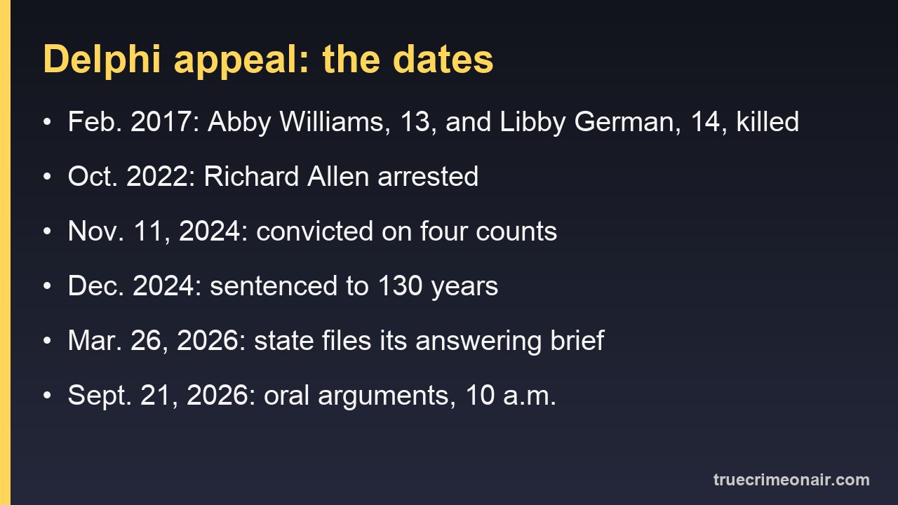 Card listing the key dates in the Delphi murders case and appeal