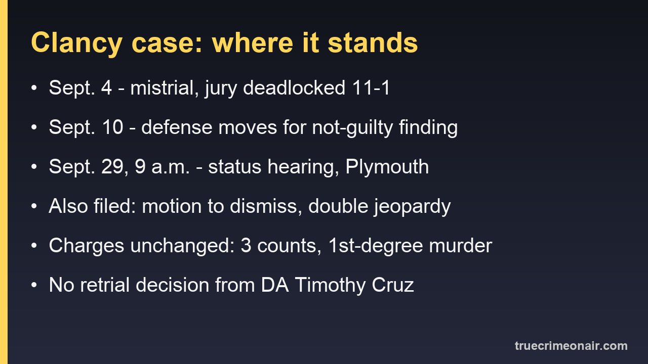 Card summarizing where the Lindsay Clancy case stands in mid-September 2026