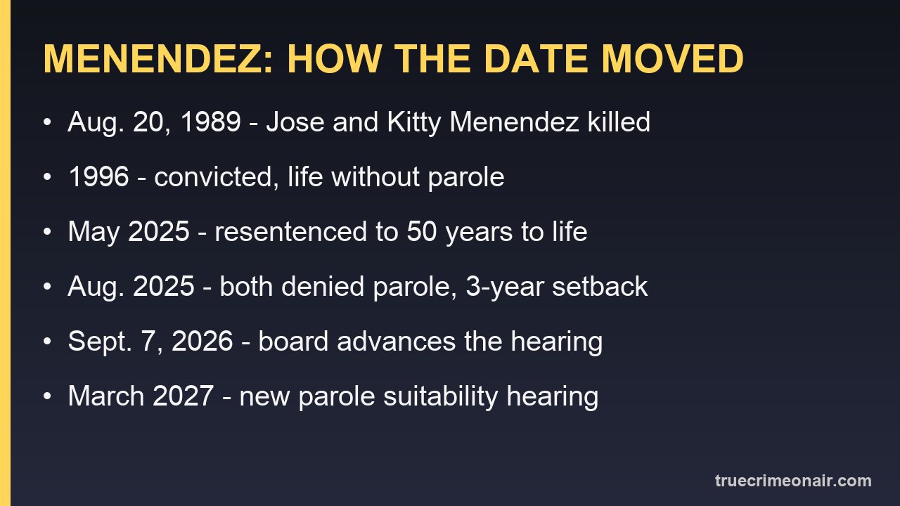 Card listing key dates in the Menendez brothers case from 1989 to the 2027 parole hearing