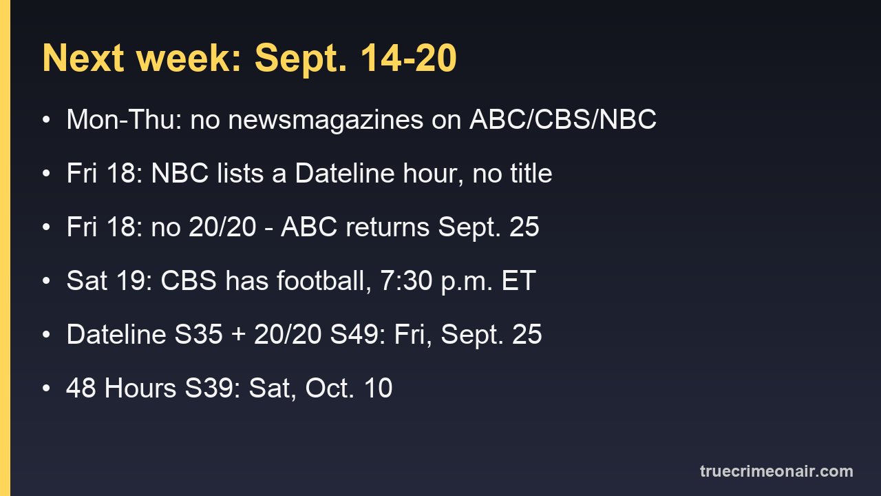 Card listing the true crime TV schedule for Sept. 14-20, 2026 and the fall return dates