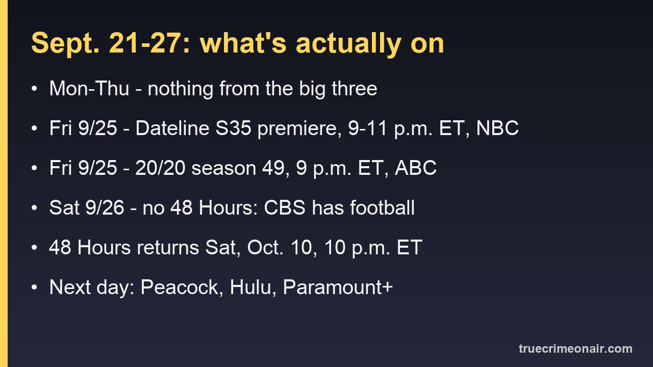 Card listing what airs on true crime TV from Sept. 21 through Oct. 10, 2026