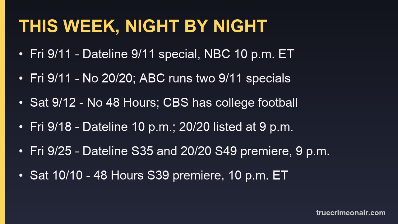 Card listing what airs on each true crime night from Sept. 11 through Oct. 10, 2026